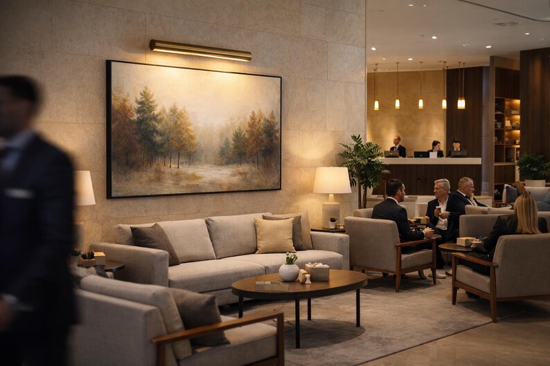 May include: A hotel lobby with a neutral color palette. A large landscape painting hangs above a light gray sofa with accent pillows. A round coffee table and armchairs complete the seating area. Several people are seated in the lobby.