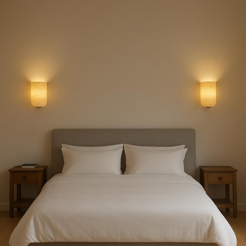 May include: A bedroom scene featuring a bed with white bedding, flanked by two wooden nightstands. Above the bed, two wall sconces emit a warm glow. The room has a neutral color palette, creating a serene atmosphere.