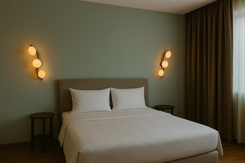 May include: A bedroom scene featuring a bed with white linens and pillows. Two small wooden side tables flank the bed. The walls are a muted green, with decorative wall sconces on either side of the bed, each with three glowing orbs.