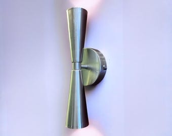 Double Conical Wall Sconce: Antique Brass Plug-in Bedside Light