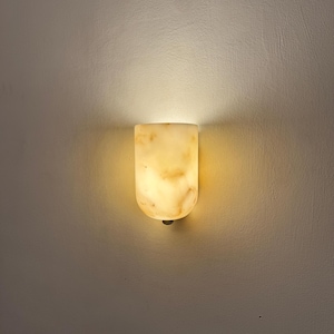 May include: A wall-mounted sconce with a warm, glowing light. The fixture is made of a translucent, beige-colored material with subtle veining. The sconce has a rounded top and a small, dark-colored base.