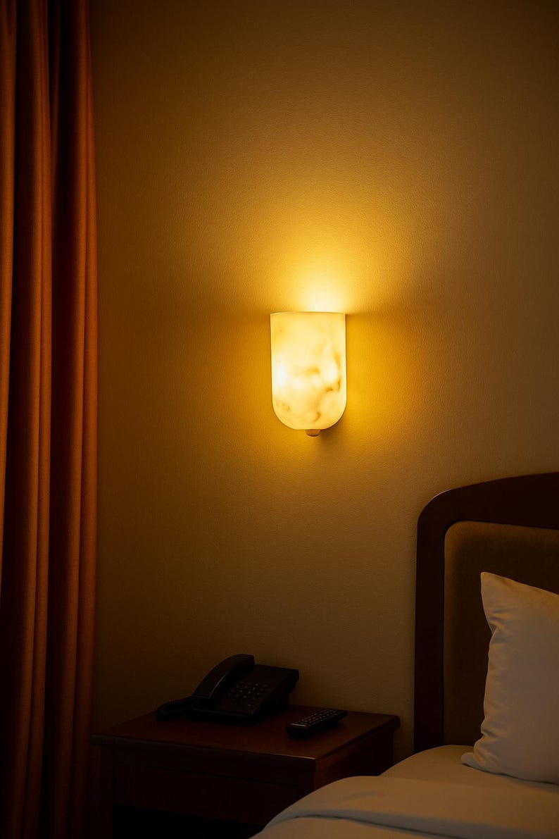 May include: A wall-mounted, illuminated sconce with a marble-like appearance. The light fixture emits a warm, inviting glow. The sconce is mounted on a beige wall, with a dark brown nightstand, a telephone, and a remote control visible below.