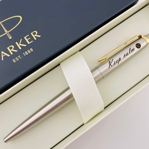 Personalized Parker Chrome Jotter Ballpoint Pen with Gold Trim in Parker Box with blue and black ink