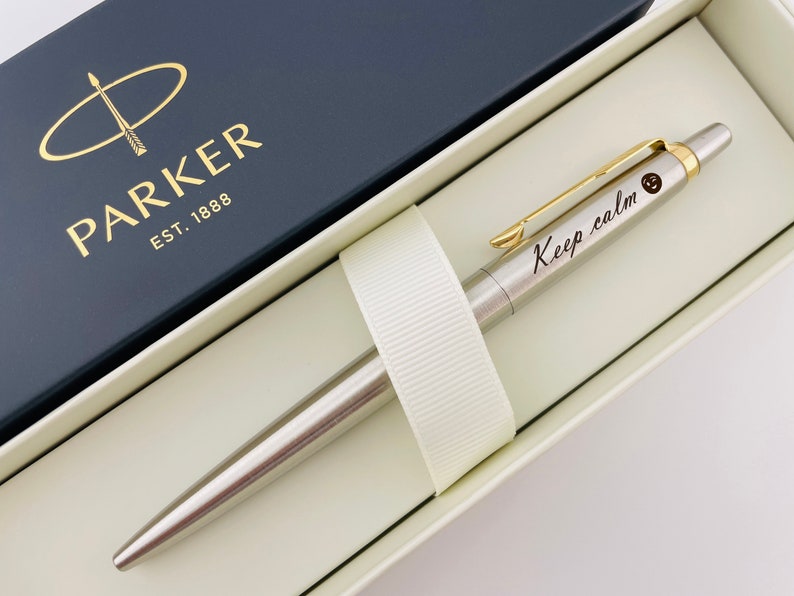 Personalized Parker Chrome Jotter Ballpoint Pen with Gold Trim in Parker Box with blue and black ink