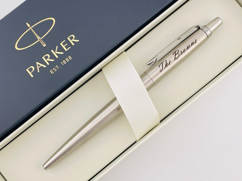 Personalized Parker Chrome Jotter Ballpoint Pen in Parker Box with blue and black ink