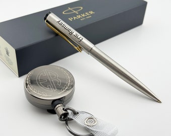 Engraved Pen and Badge Reel Set, Parker Pen with Engraved, Gift with Name, PhD Gift, Pharmacist Gift, Therapist Gift Nurse Gift New Job Gift