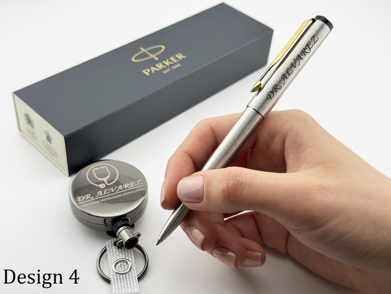 Engraved Pen and Badge Reel Set, Parker Pen with Engraved, Gift with Name, PhD Gift, Pharmacist Gift, Therapist Gift Nurse Gift New Job Gift Design 4