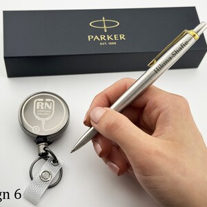 Engraved Pen and Badge Reel Set, Parker Pen with Engraved, Gift with Name, PhD Gift, Pharmacist Gift, Therapist Gift Nurse Gift New Job Gift Design 6