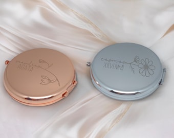 Personalized Rose Gold Compact Mirror Favor, Custom Engraved Name Pocket Mirror, Gift for Her, Bridesmaid Gifts, Wedding Party Gifts