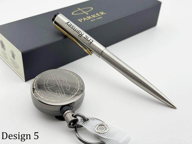 Engraved Pen and Badge Reel Set, Parker Pen with Engraved, Gift with Name, PhD Gift, Pharmacist Gift, Therapist Gift Nurse Gift New Job Gift Design 5