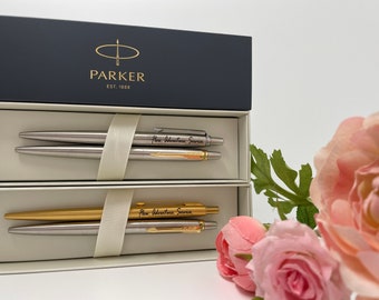 Personalized Pen Set of 2, Engraved Gold Silver Chrome Trim Parker Pen, Parker Pen in Gift Box, Graduation Party Gift, Office Gift