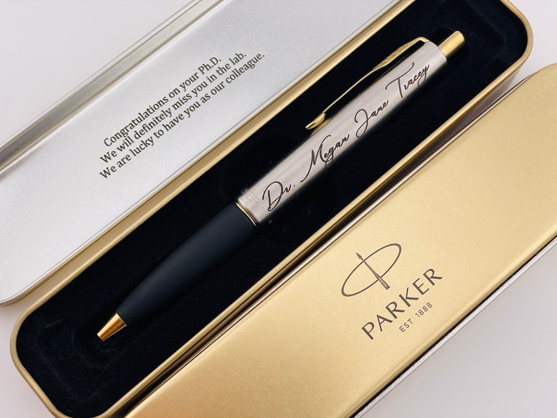 Personalized Stainless Steel with Gold Trim Clip Parker Frontier Ballpoint Pen in Tin Parker Box