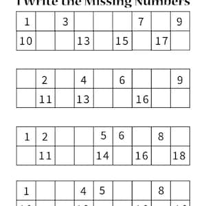 Op de afbeelding: Een werkblad met vier rijen vakjes, elk met een reeks getallen. De instructies bovenaan het werkblad luiden "Ik schrijf de ontbrekende getallen".
