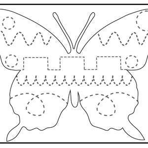 Op de afbeelding: Een zwart-witte lijntekening van een vlinder met gestippelde lijnen om te traceren. De vlinder heeft een symmetrisch ontwerp met twee vleugels, een lichaam en antennes.