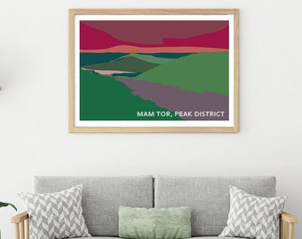 Mam Tor  Peak District sunset - A3 illustrated travel poster print - digital download