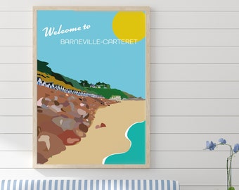 Welcome to Barneville-Carteret, Normandie France. Illustrated art deco travel poster style digital download