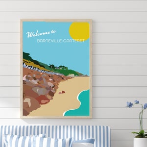 Welcome to Barneville-Carteret, Normandie France. Illustrated art deco travel poster style digital download