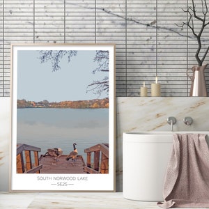 South Norwood Lake and Grounds SE25 Geese by the boating lake South East London local art print digital illustration by local artist White border - Day