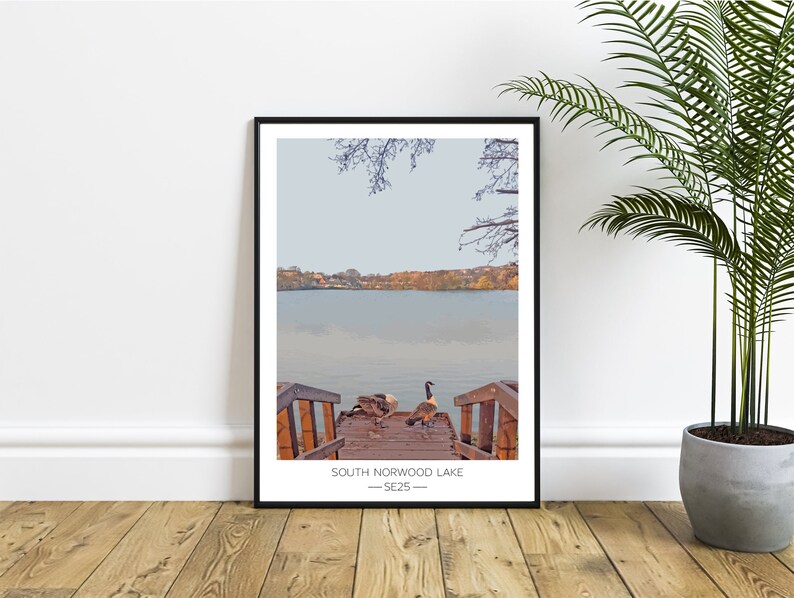 South Norwood Lake and Grounds SE25 Geese by the boating lake South East London local art print digital illustration by local artist image 1