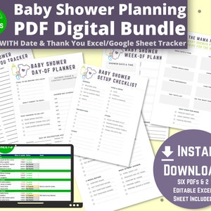 Baby Shower Planning + Checklist Bundle - Digital Download 6 PDFS + Google Sheet/Excel Tracker