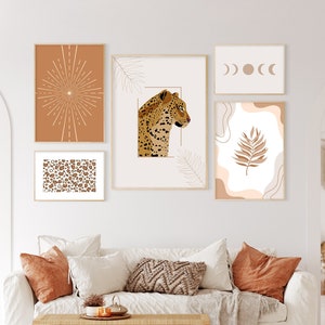 Boho Leopard Gallery Wall Art Set of 5 Art Prints Neutral Leaf Terracotta Burnt Orange Abstract Boho Wall Decor Digital Download Printable
