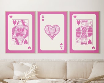 Trendy Retro Wall Art Set of 3, Pink Queen&King Playing Card Poster, Retro Trendy Aesthetic Gallery Wall Print,Lucky You Funny Minimal Art