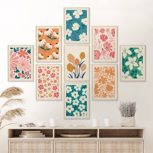 Simple Flower Market Print Set of 9 Gallery Wall Set Flower Market Poster Botanical Wall Art Floral Drawing Colorful Printable Wall Art