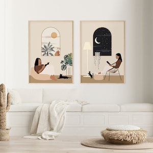 Woman Reading Print Set of 2 Abstract Female Portrait Poster Boho Girl Wall Set Book Lover Art Cat and Woman Cat Lady Relax Illustration