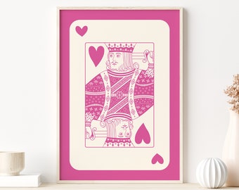 Pink King of Hearts Card Wall Art, Playing Card Poster, Trendy Retro Aesthetic Print, Lucky You Poster, Funny Minimal Printable Wall Art