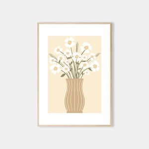 Arte de ramo floral, ilustración de jarrón de flores, margarita, abstracto, neutro, botánico, arte de pared, crema, beige, blanco, póster, decoración del hogar boho