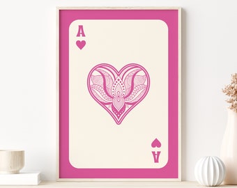 Pink Ace of Hearts Card Wall Art, Ace Card Poster, Playing Card Poster, Trendy Retro Aesthetic Print, Lucky You Poster, Funny Minimal Art