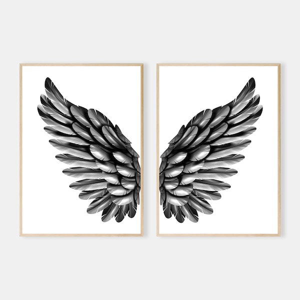 Wings Set of 2, Black and White Art, Wing Modern Wall Art Print, Printable Wall Art, Angel Wings Print, Bird Wings Art, Minimal Design