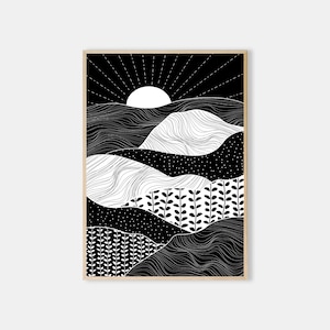 Abstract Landscape Print Mountain Sun Line Art Black and White Line Art Poster Line Drawing Print Minimalist Poster Modern Wall Art
