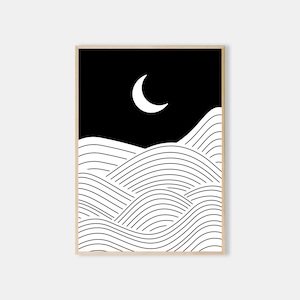 Black and White Waves Line Art Print Simple Line Drawing Crescent Moon Black Abstract Minimal Line Prints Digital Print Simple Sea Wall Art