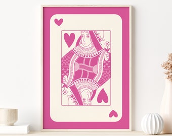 Pink Queen of Hearts Card Wall Art, Queen of Hearts Playing Card Poster, Trendy Retro Aesthetic Print, Lucky You Poster, Funny Minimal Art