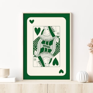 Arte de pared con la carta de la Reina de Corazones Verde, póster de la carta de juego de la Reina de Corazones, impresión estética retro de moda, póster Lucky You, arte minimalista divertido