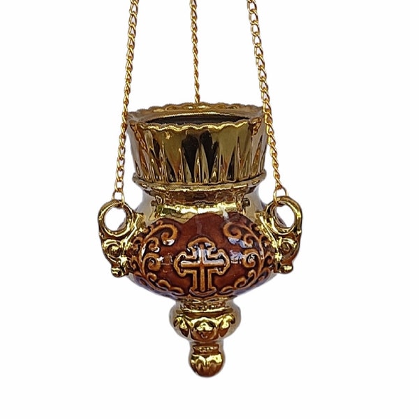 Long Hanging Vigil Oil Lamp Chandelier with Gold Chain Ceramic Small Brown Cup with Cross Church Ceremony Accessories Home Prayer Gift