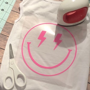 Iron on / HTV: Lightning Bolt Happy Face Iron-On Decal / T-shirt Design/  D.I.Y Project / Smiley Face