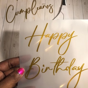 Vinyl Decal: Elegant Happy Birthday Day (English or Spanish)   Vinyl Decals / D.I.Y Project / Gift Basket Decals (5.25&quot; W)