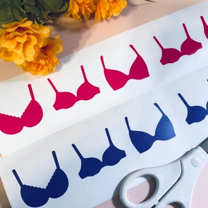 May include: A sheet of white paper with multiple cut-out bra shapes in pink and blue. The bra shapes are arranged in a row, with the pink bras on top and the blue bras on the bottom. A pair of scissors is visible in the bottom right corner of the image.