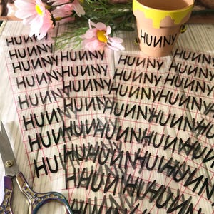 May include: A craft scene featuring multiple sheets of clear vinyl with the word "HUUNY" printed in black, a small terracotta pot with yellow paint and the word "HUUNY", pink flowers, and a pair of decorative scissors.