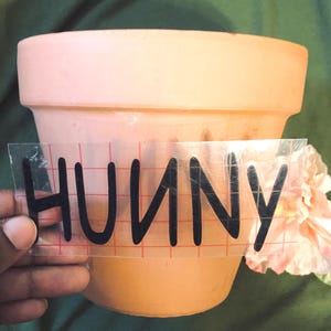 May include: A terracotta-colored flower pot with the word "HUUNY" in black lettering on a clear sticker. A pink flower is visible to the right of the pot. The pot is sitting on a green surface.