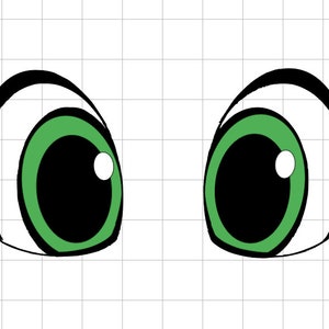 May include: A pair of cartoon eyes with black pupils, green irises, and white highlights. The eyes have thick black eyelashes.