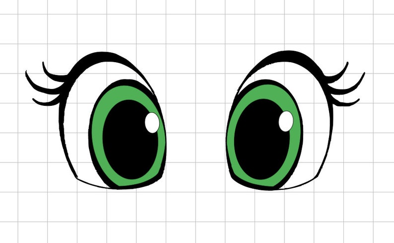 May include: A pair of cartoon eyes with black pupils, green irises, and white highlights. The eyes have thick black eyelashes.