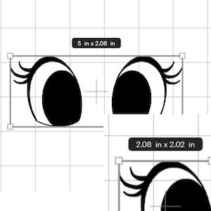 May include: Two black and white cartoon eyes with eyelashes. The eyes are 12.7 cm wide and 5.23 cm tall.