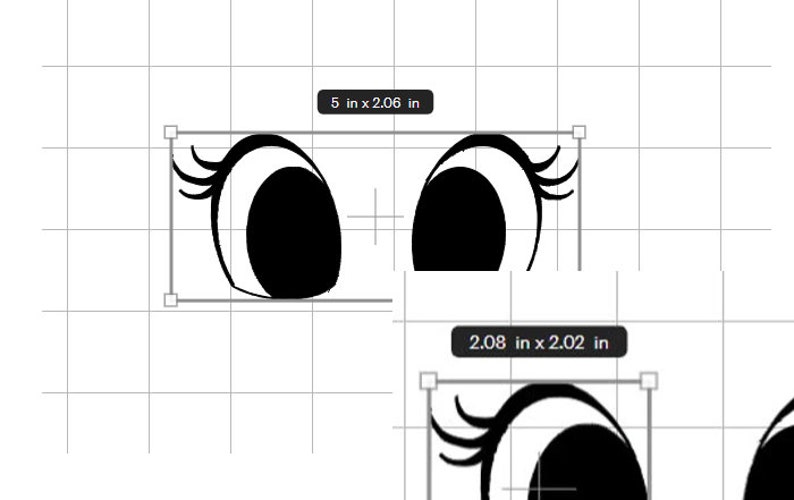 May include: Two black and white cartoon eyes with eyelashes. The eyes are 12.7 cm wide and 5.23 cm tall.