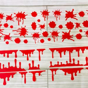 May include: Red blood splatter and dripping blood decals. These stickers are perfect for adding a spooky touch to any Halloween decor.