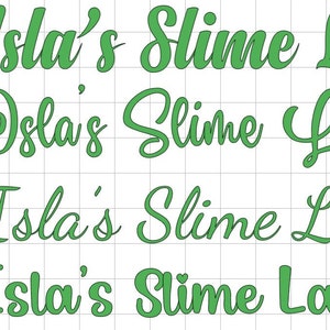 May include: Four variations of the text "Isla's Slime Lab" in green cursive font. The text is written on a white grid background.