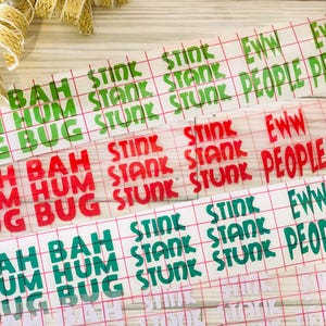 Calcomanía de vinilo: Hoja de 6 calcomanías de vinilo con citas inspiradas en personajes navideños del tamaño de un adorno / Gente asquerosa / Apesta, apesta, apesta / ¡Qué asco, bicho!