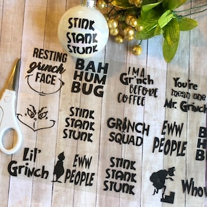 Calcomanías de vinilo: Juego de 15 adornos navideños con frases inspiradoras "Bah Hum Bug/Stink Stank Stunk" / Calcomanías de vinilo / Manualidades navideñas "Hágalo usted mismo"